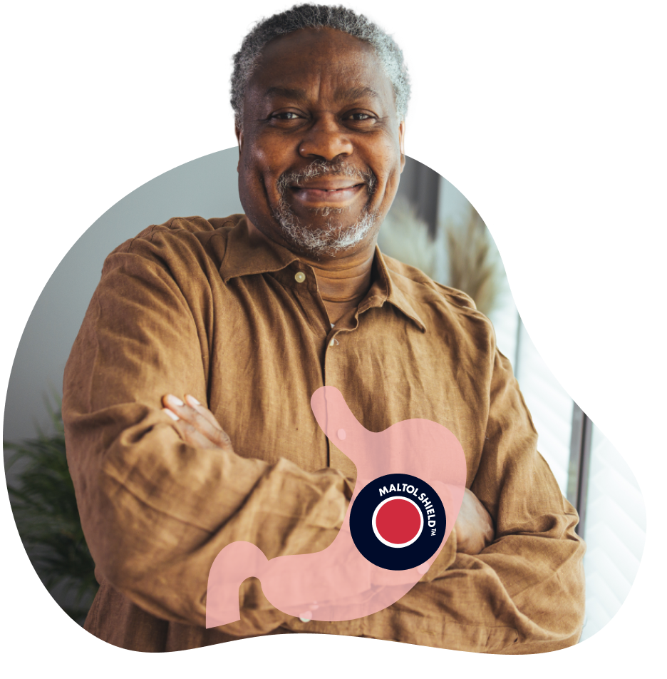 Man smiling with arms crossed and overlay of ACCRUFeR with MALTOL SHIELD TM inside stomach